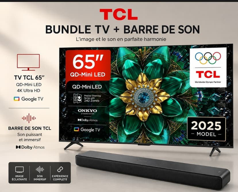 TV 65" TCL 65Q6C Gaming 4K QD-MiniLED 144 Hz + barre de son