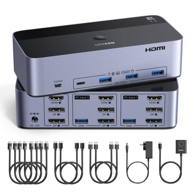Switch KVM 2 PC vers 3 écrans 8K – Hub USB & télécommande