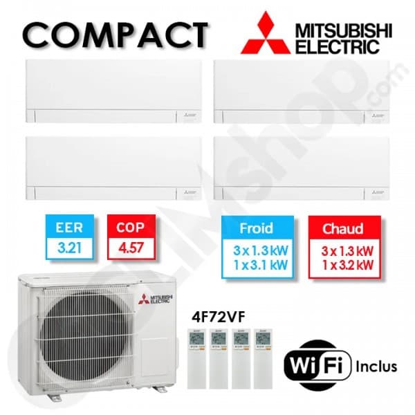 Climatiseur Mitsubishi Electric quadri-split 7,2 kW avec Wi-Fi intégré