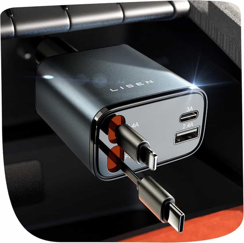 Code promo - Chargeur Voiture 4 en 1 Rétractable USB-C Lisen - Idéal pour Voyages et Families
