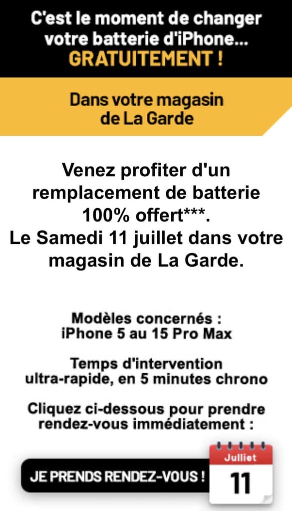 Remplacement gratuit de batterie iPhone 5 à iPhone 15 Pro Max - La Garde