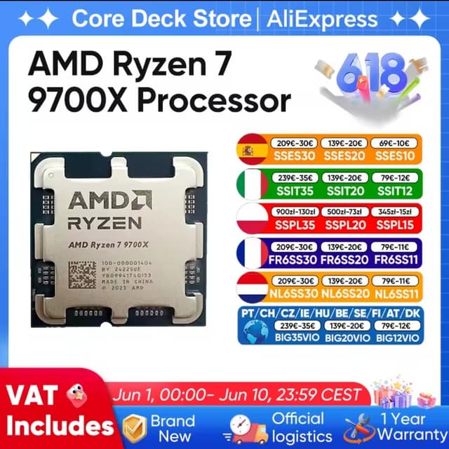 Code promo - AMD Ryzen 7 9700X : Puissance 8 cœurs pour gaming et création
