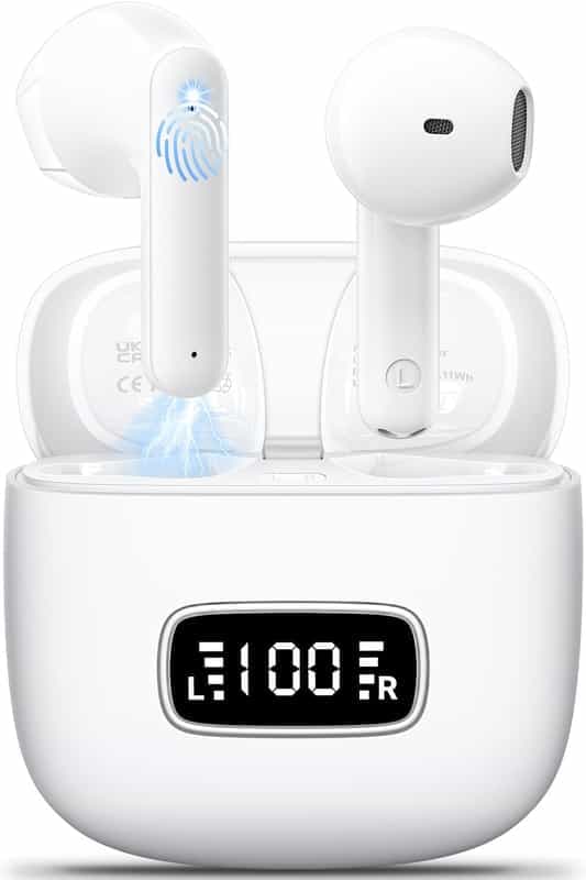 Ecouteurs Bluetooth sans Fil Godyse Ecouteurs Bluetooth 5.3 Écran LED ENC Réduction de Bruit Mic HiFi Son Stéréo IPX6 Étanche Contrôle Tactile 42 Heures Durée Écouteurs sans Fil pour iOS Android blanc