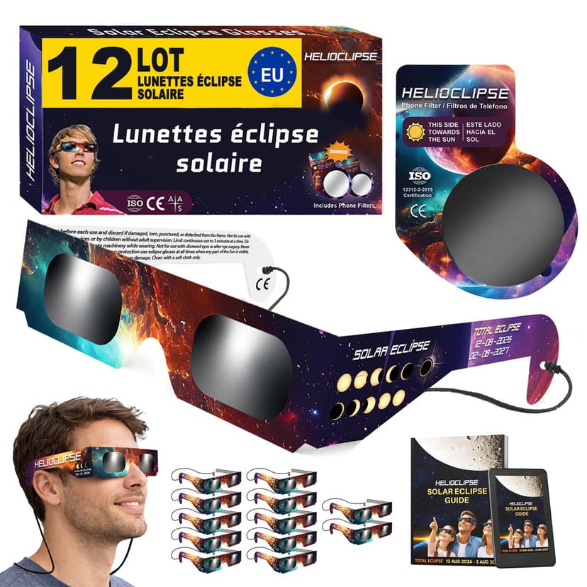 Lot de 12 lunettes Eclipse solaire + 2 filtres smartphone